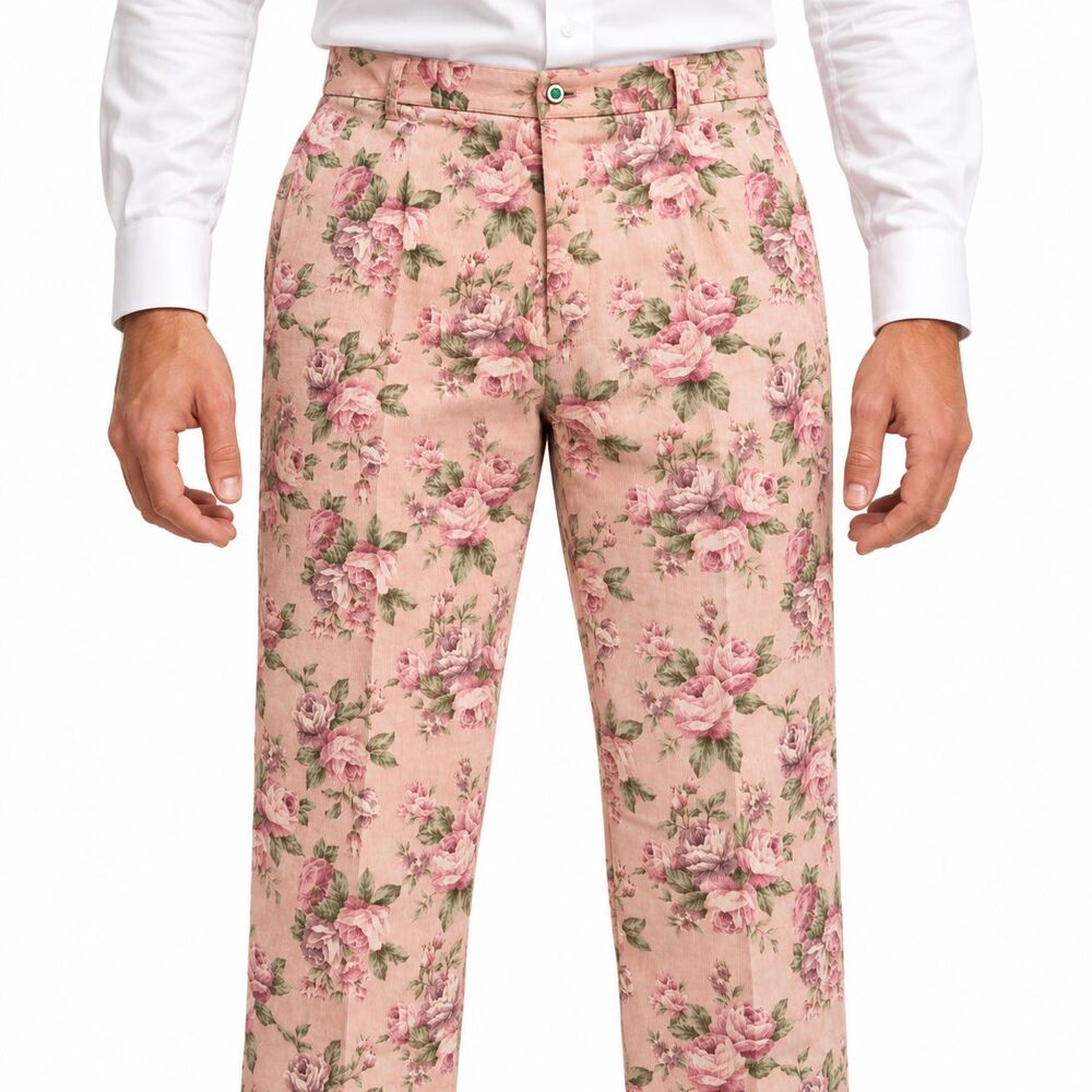 Mens 36 Pink Floral Corduroy Pants Cotton Rose Print Straight Leg Dress Trousers